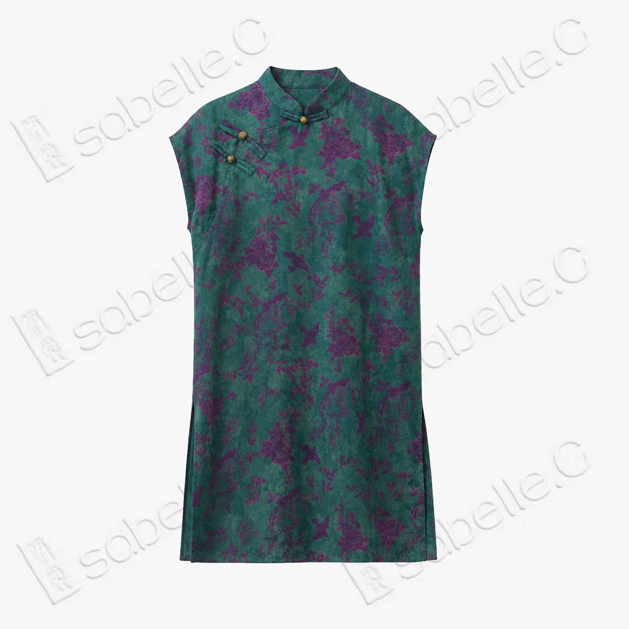 Moss Green Purple Bird Gambiered Canton Silk Top - 「青苔雀芍」香雲紗上衣