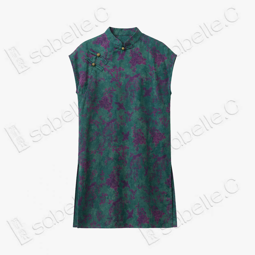 Moss Green Purple Bird Gambiered Canton Silk Top - 「青苔雀芍」香雲紗上衣