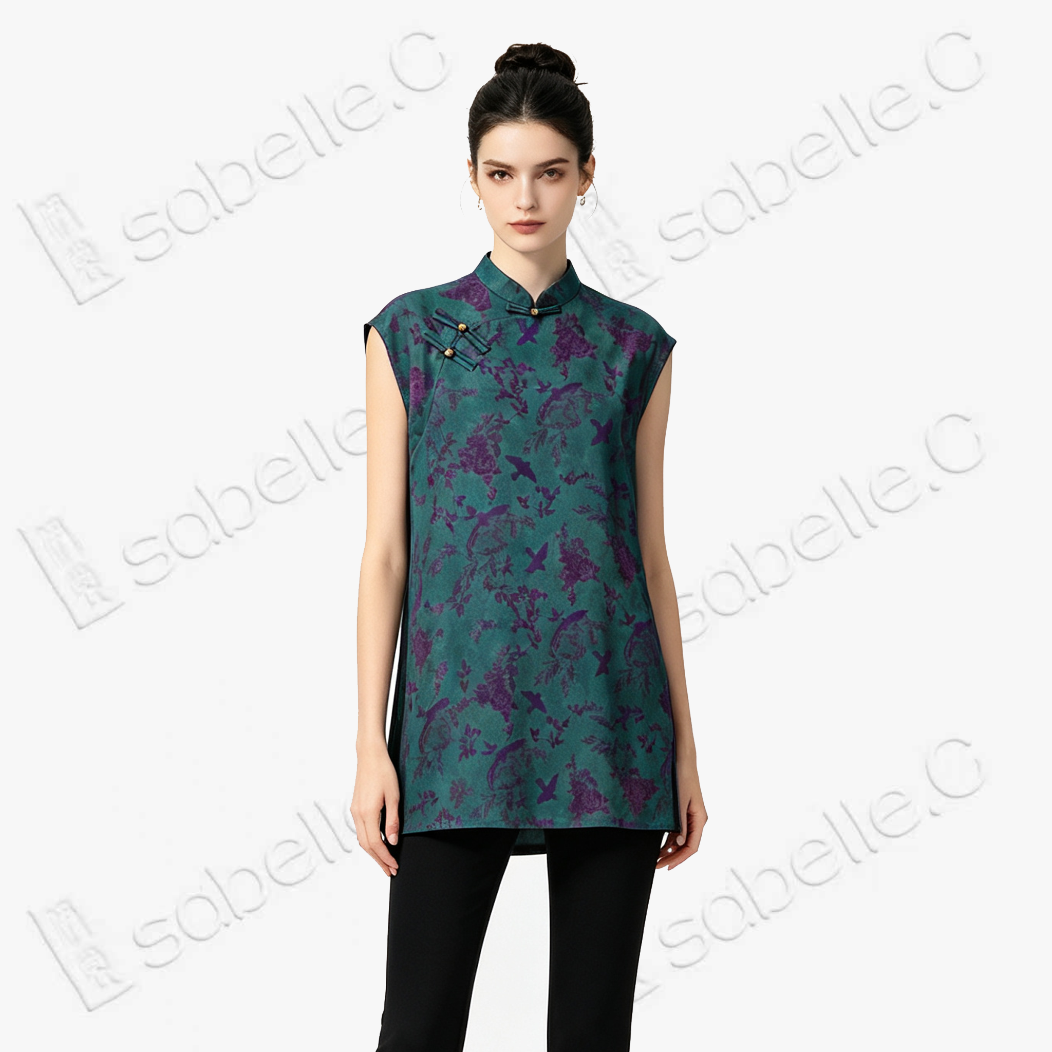 Moss Green Purple Bird Gambiered Canton Silk Top - 「青苔雀芍」香雲紗上衣