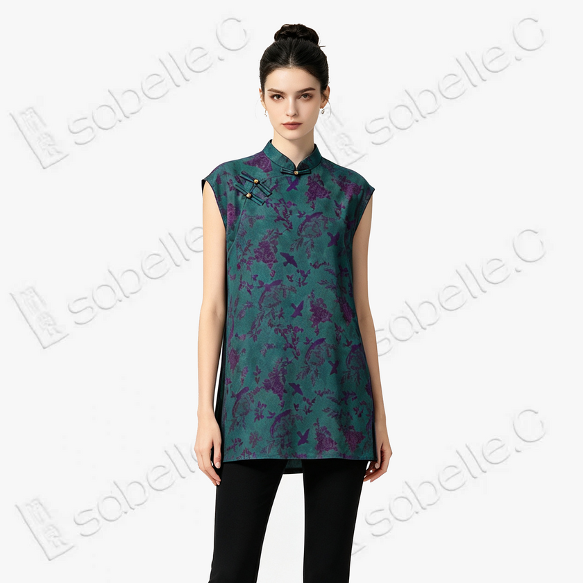 Moss Green Purple Bird Gambiered Canton Silk Top - 「青苔雀芍」香雲紗上衣