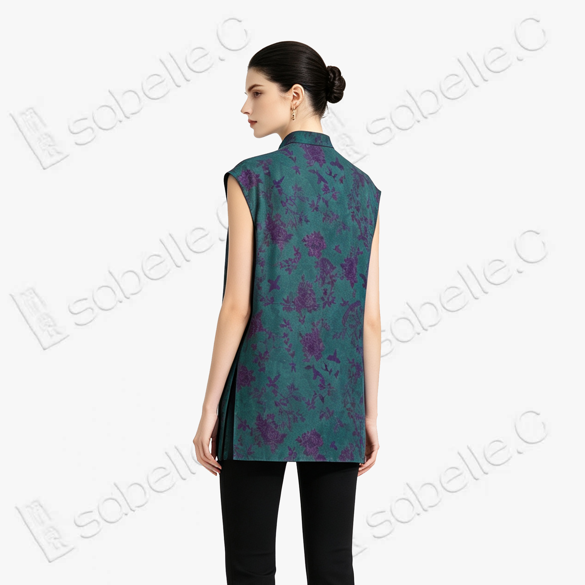 Moss Green Purple Bird Gambiered Canton Silk Top - 「青苔雀芍」香雲紗上衣