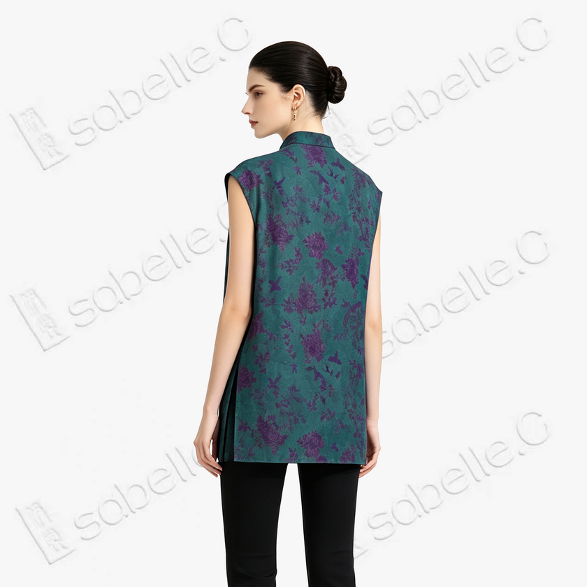 Moss Green Purple Bird Gambiered Canton Silk Top - 「青苔雀芍」香雲紗上衣