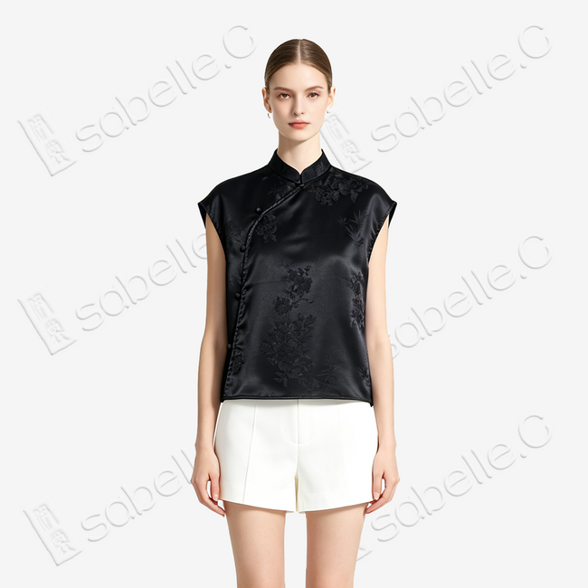 Ink Shadow Hidden Floral Gambiered Canton Silk Top - 「墨影幽芳」香雲紗上衣