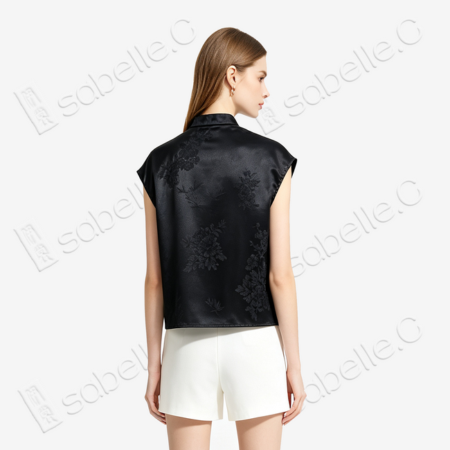 Ink Shadow Hidden Floral Gambiered Canton Silk Top - 「墨影幽芳」香雲紗上衣
