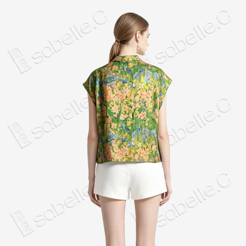 Spring Meadow Impressionist Floral Gambiered Canton Silk Top - 「春野油花」香雲紗上衣