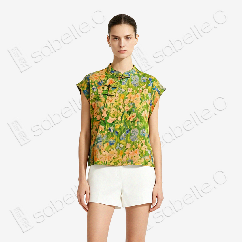 Spring Meadow Impressionist Floral Gambiered Canton Silk Top - 「春野油花」香雲紗上衣