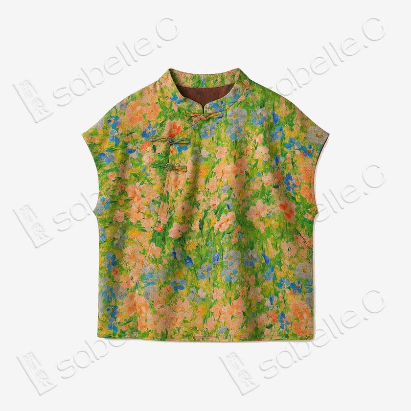 Spring Meadow Impressionist Floral Gambiered Canton Silk Top - 「春野油花」香雲紗上衣