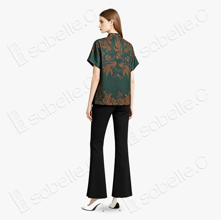 Emerald Peony Organza Overlay Vintage Silk Blouse - 透紗古董老緞上衣