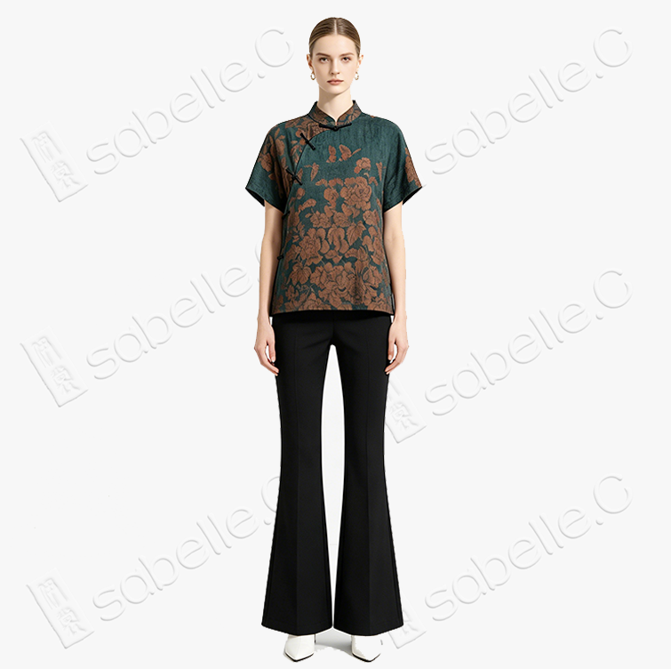 Emerald Peony Organza Overlay Vintage Silk Blouse - 透紗古董老緞上衣