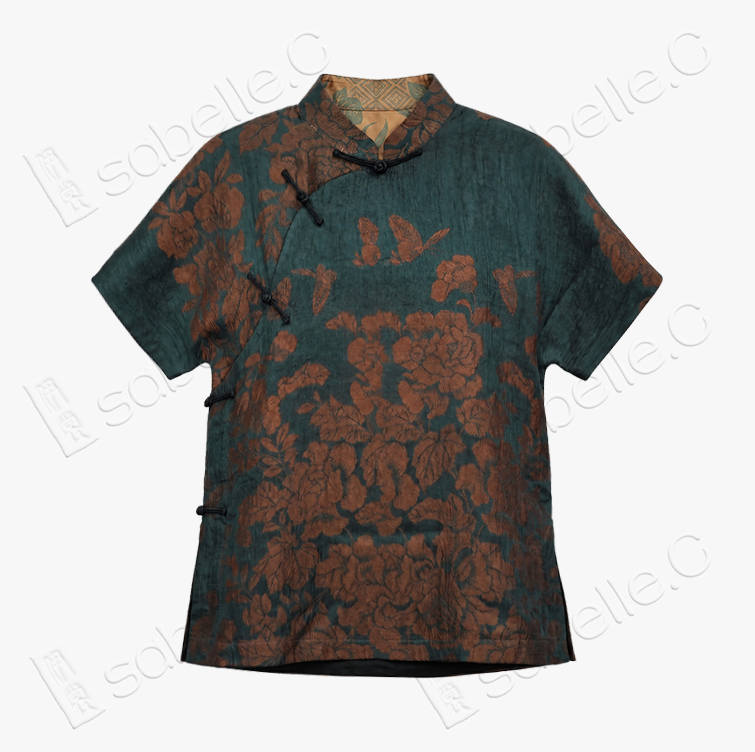 Emerald Peony Organza Overlay Vintage Silk Blouse - 透紗古董老緞上衣