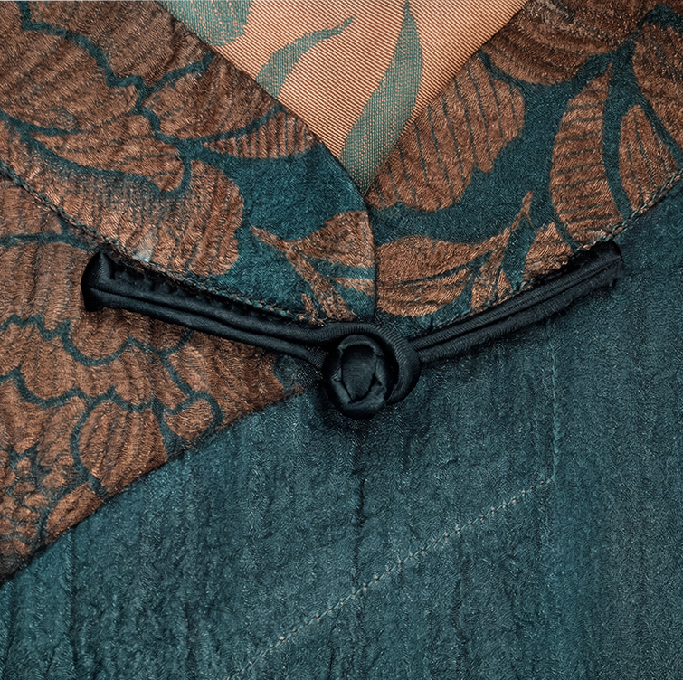 Emerald Peony Organza Overlay Vintage Silk Blouse - 透紗古董老緞上衣