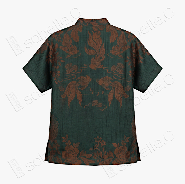 Emerald Peony Organza Overlay Vintage Silk Blouse - 透紗古董老緞上衣