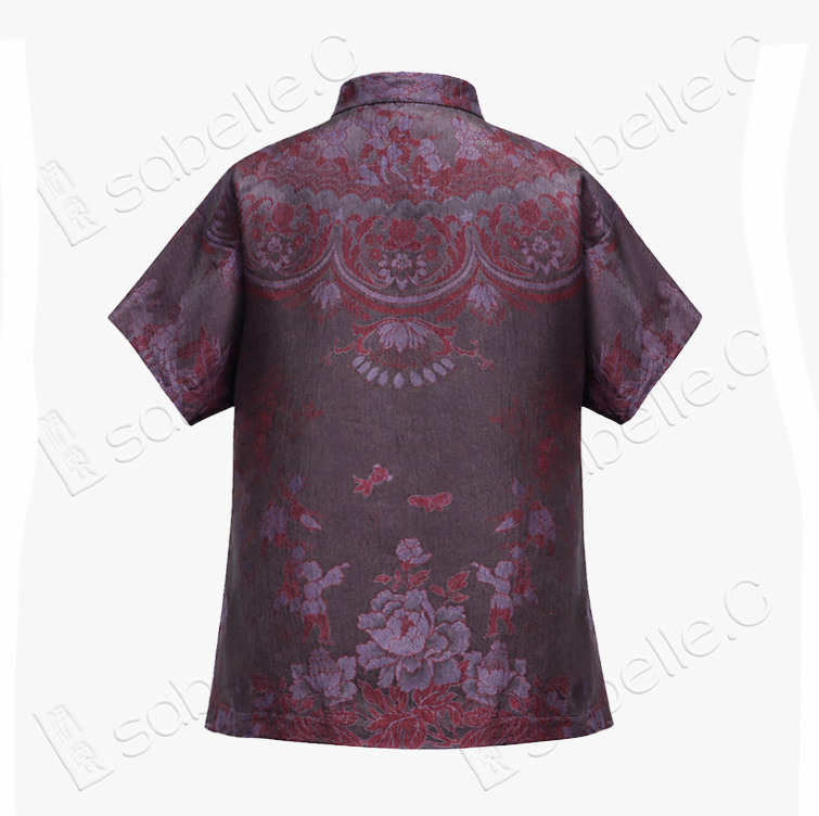 Mulberry Double Happiness Organza Overlay Vintage Silk Blouse - 「紫禧百子」透紗古董老緞上衣