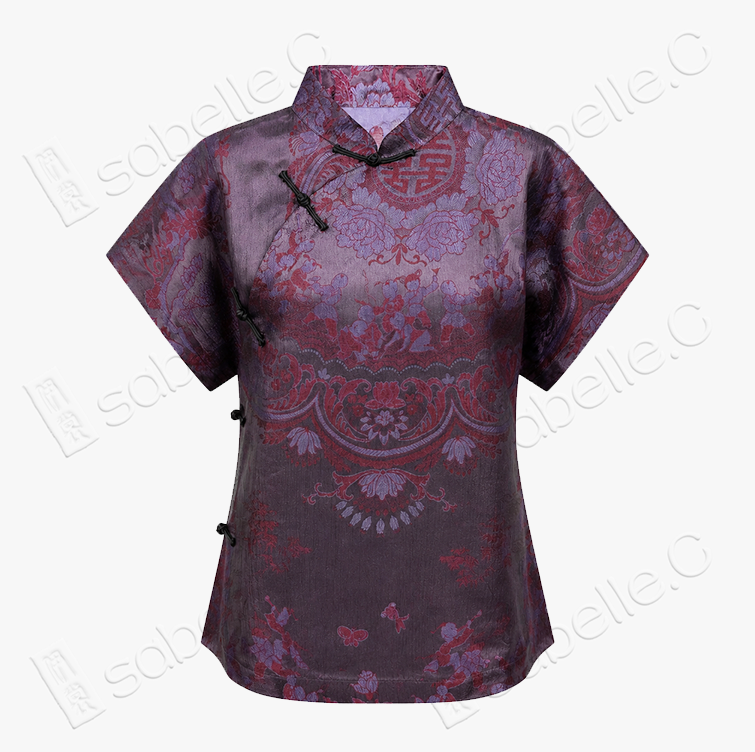 Mulberry Double Happiness Organza Overlay Vintage Silk Blouse - 「紫禧百子」透紗古董老緞上衣