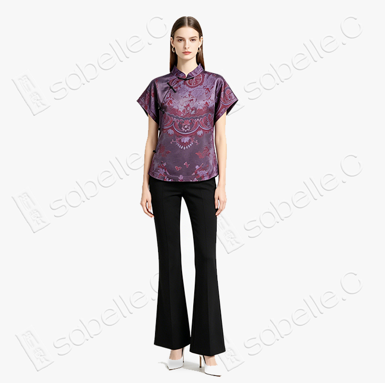 Mulberry Double Happiness Organza Overlay Vintage Silk Blouse - 「紫禧百子」透紗古董老緞上衣