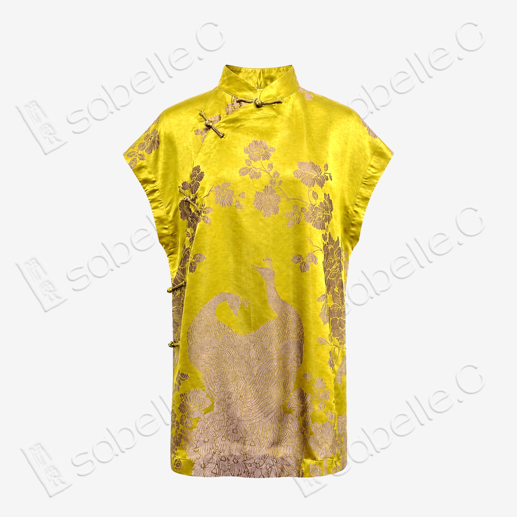 Gilded Peacock Antique Silk Stand Collar Vest Top - 孔雀牡丹古董真絲老緞上衣