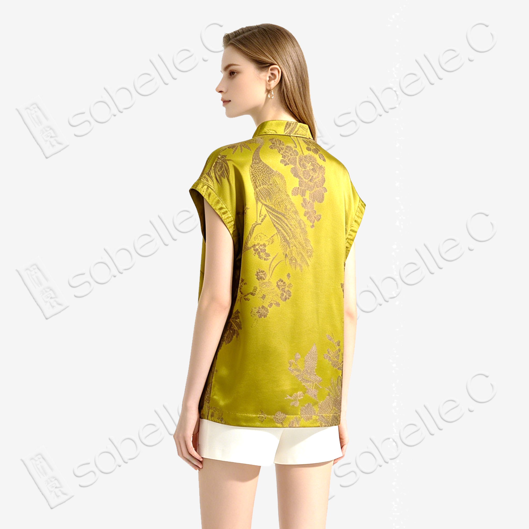 Gilded Peacock Antique Silk Stand Collar Vest Top - 孔雀牡丹古董真絲老緞上衣
