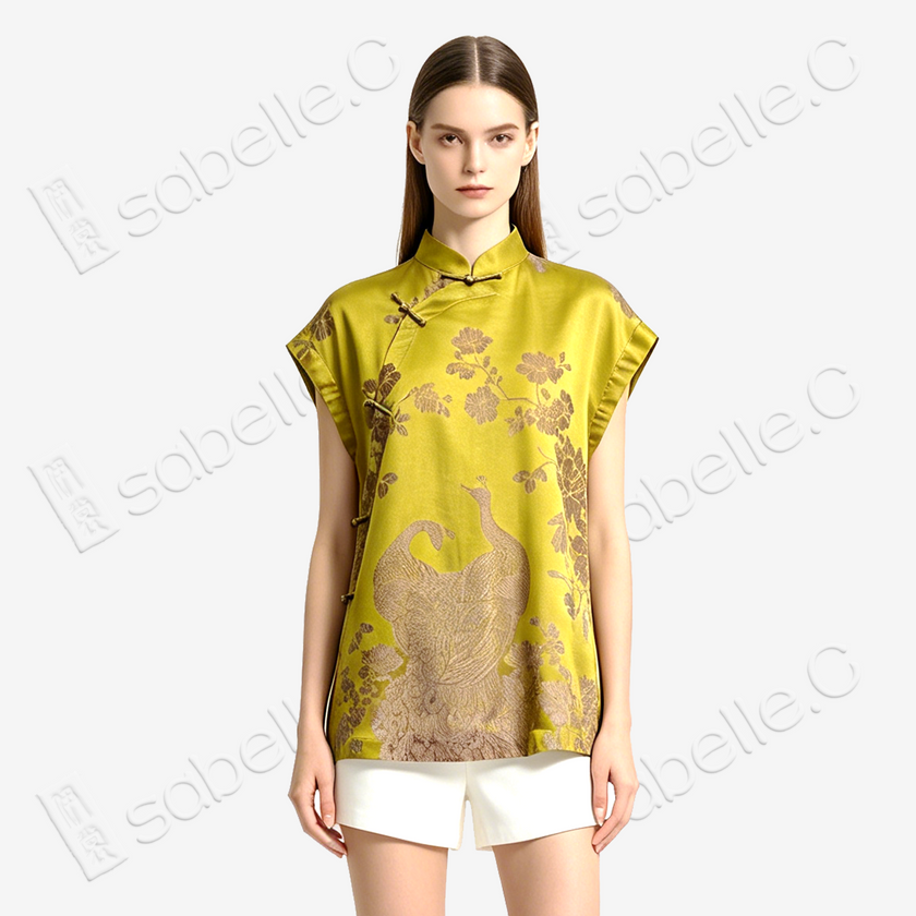 Gilded Peacock Antique Silk Stand Collar Vest Top - 孔雀牡丹古董真絲老緞上衣