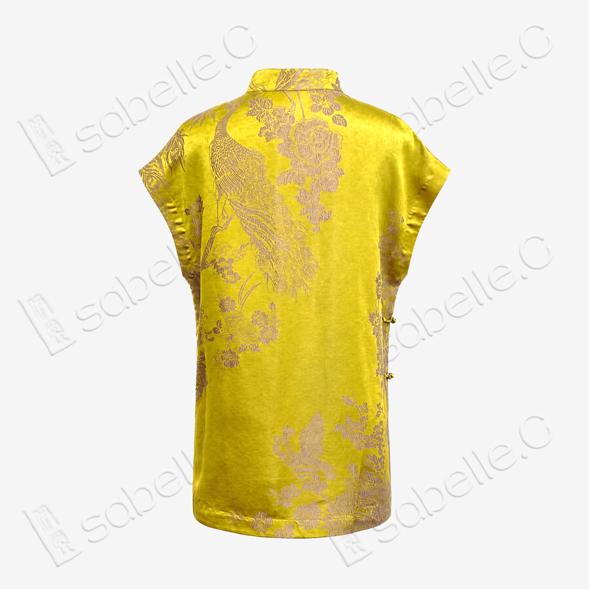 Gilded Peacock Antique Silk Stand Collar Vest Top - 孔雀牡丹古董真絲老緞上衣