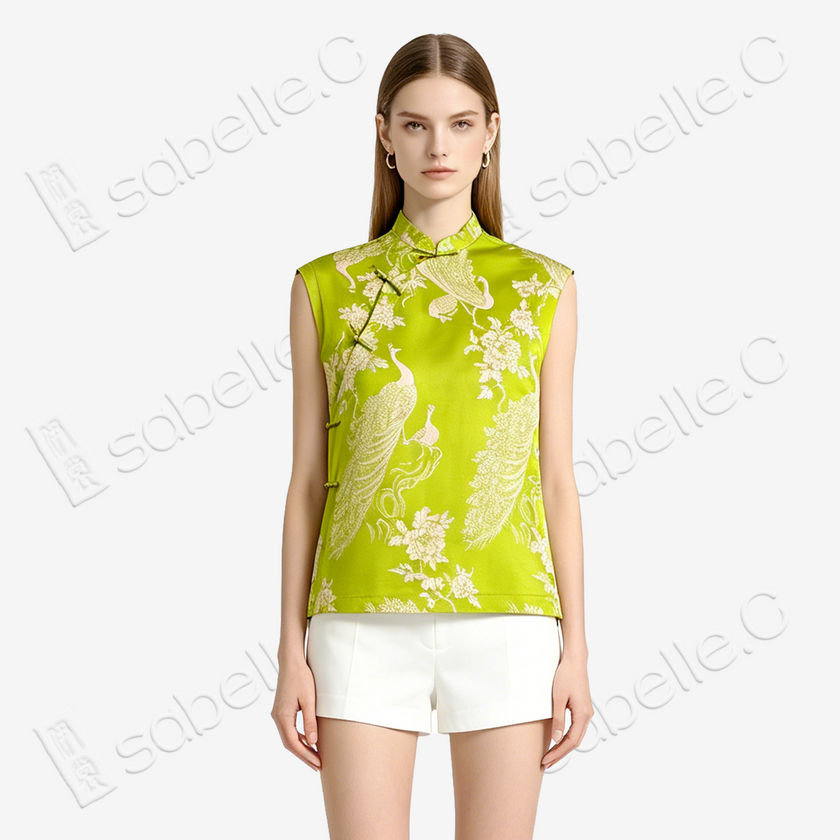 Lime Jade Peony Peacock Vintage Silk Top - 孔雀纏花古董真絲老緞上衣