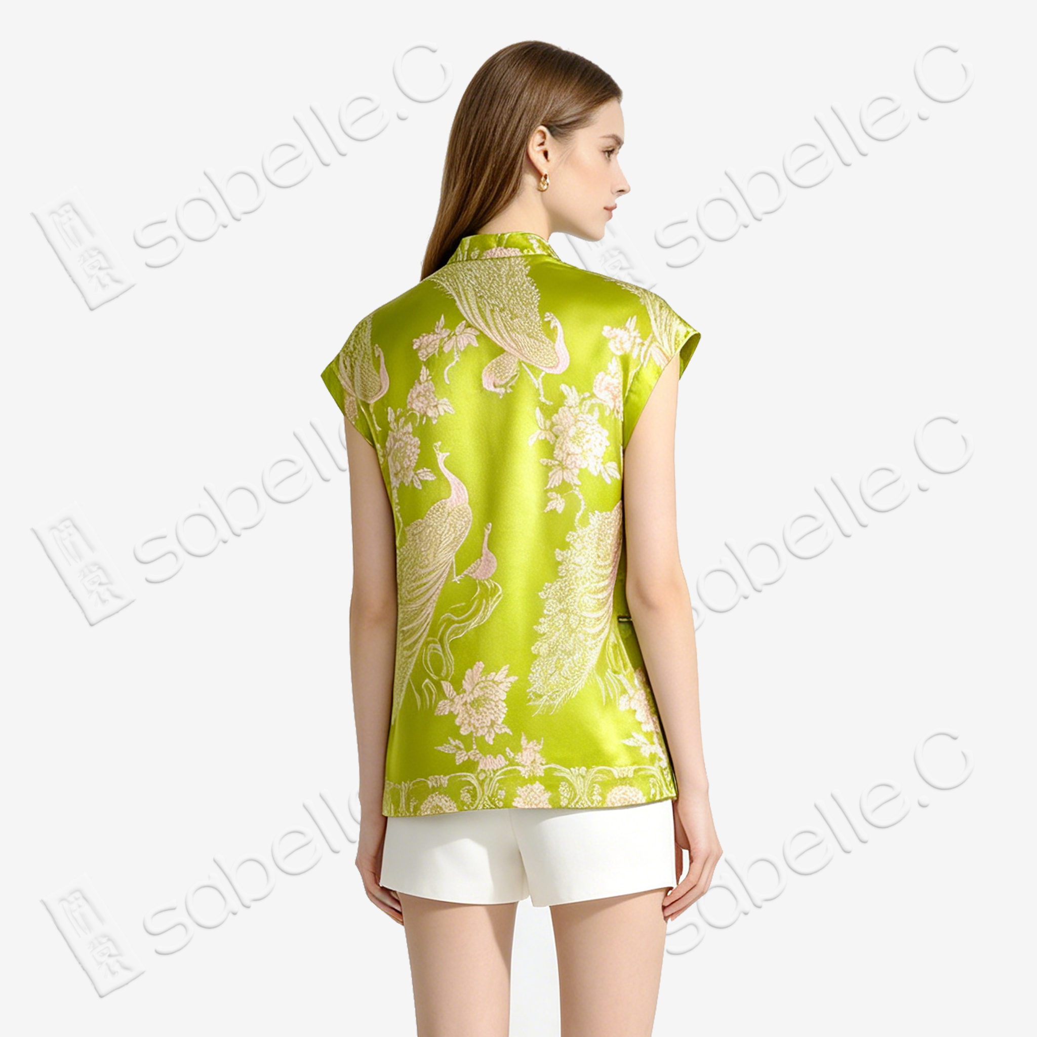 Lime Jade Peony Peacock Vintage Silk Top - 孔雀纏花古董真絲老緞上衣