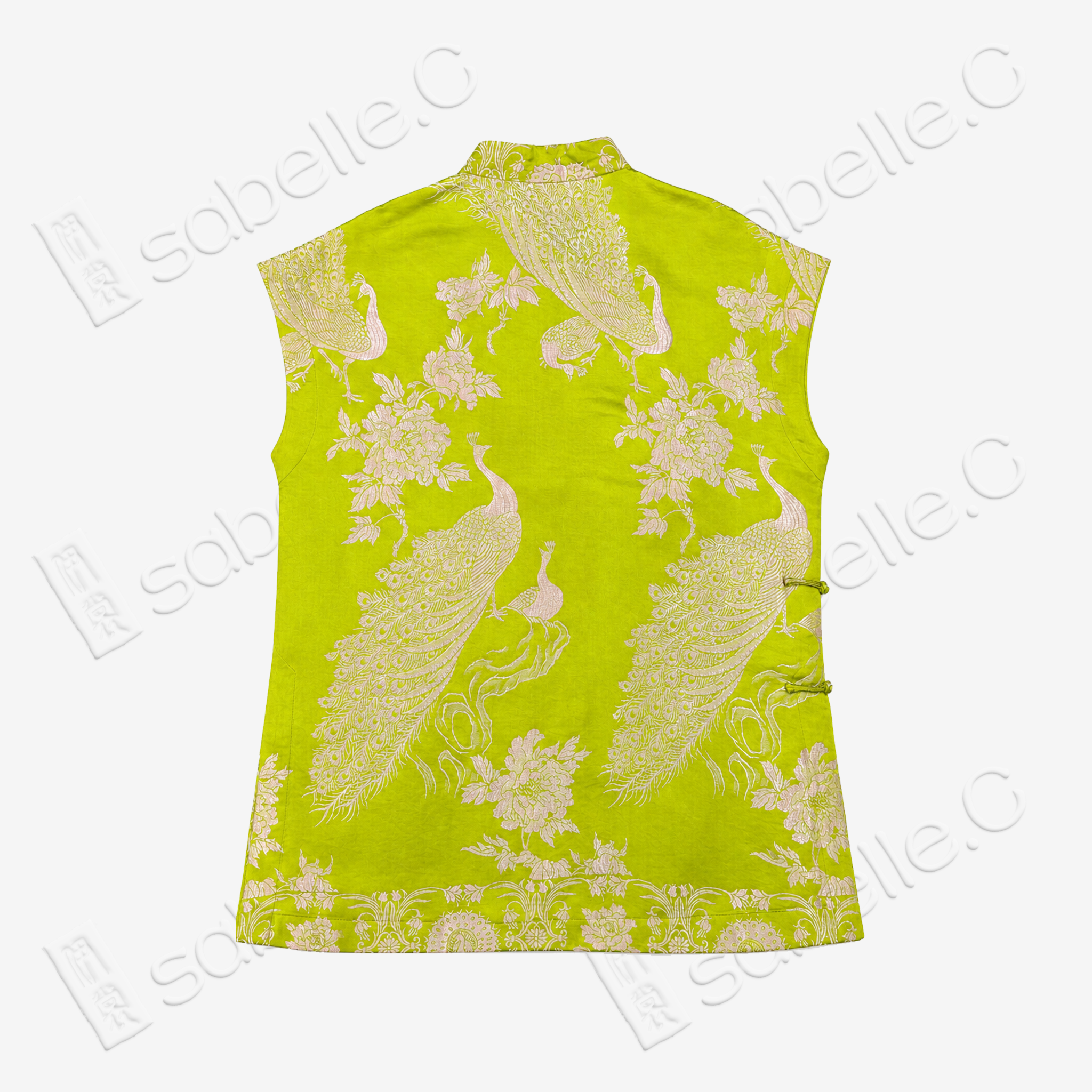 Lime Jade Peony Peacock Vintage Silk Top - 孔雀纏花古董真絲老緞上衣