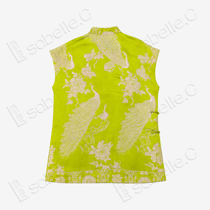 Lime Jade Peony Peacock Vintage Silk Top - 孔雀纏花古董真絲老緞上衣