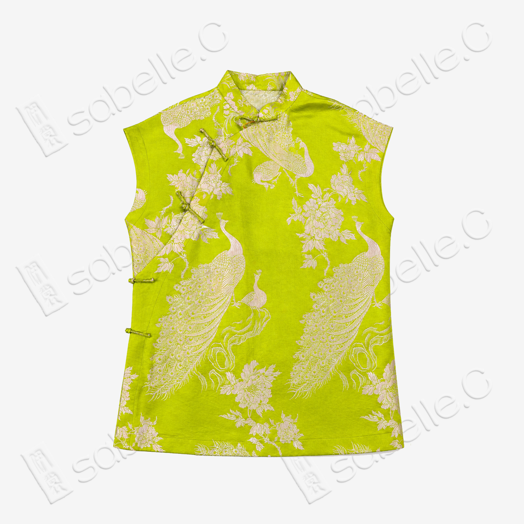 Lime Jade Peony Peacock Vintage Silk Top - 孔雀纏花古董真絲老緞上衣
