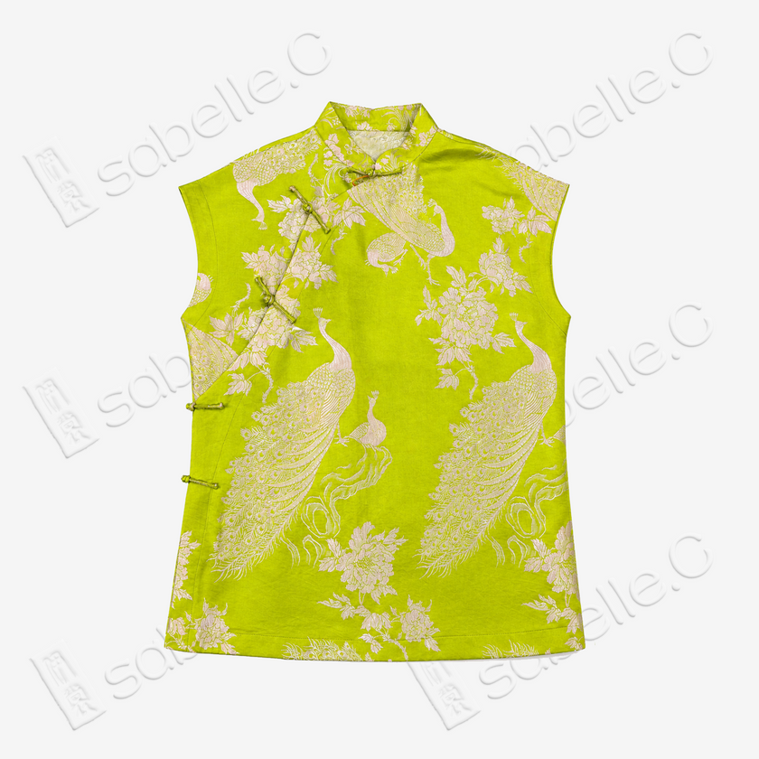 Lime Jade Peony Peacock Vintage Silk Top - 孔雀纏花古董真絲老緞上衣
