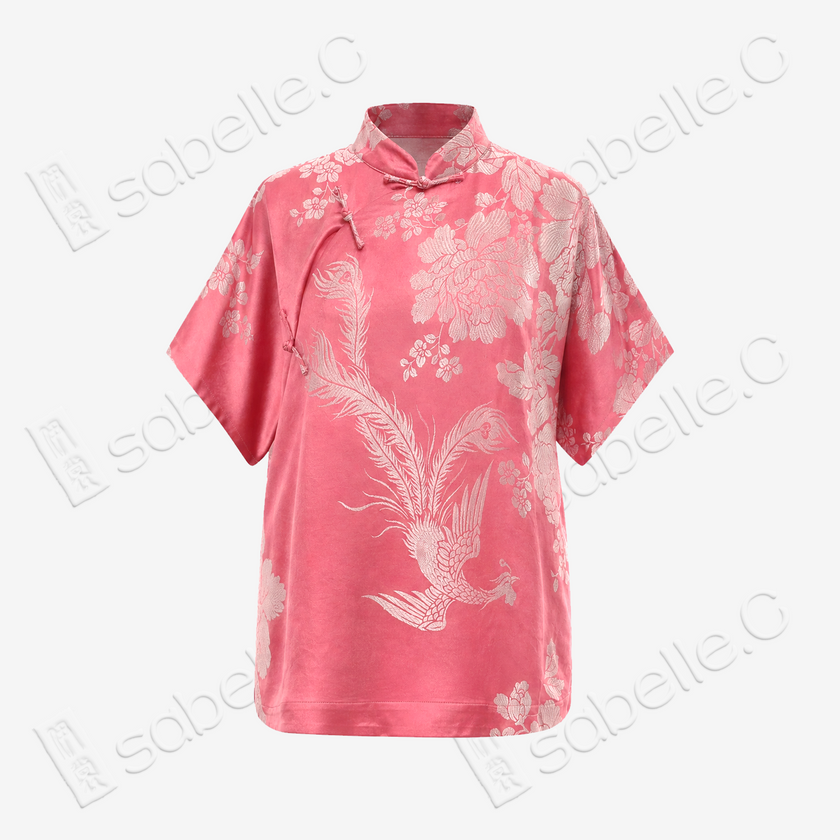 Peach Phoenix Vintage Silk Top - 牡丹古董真絲老緞上衣