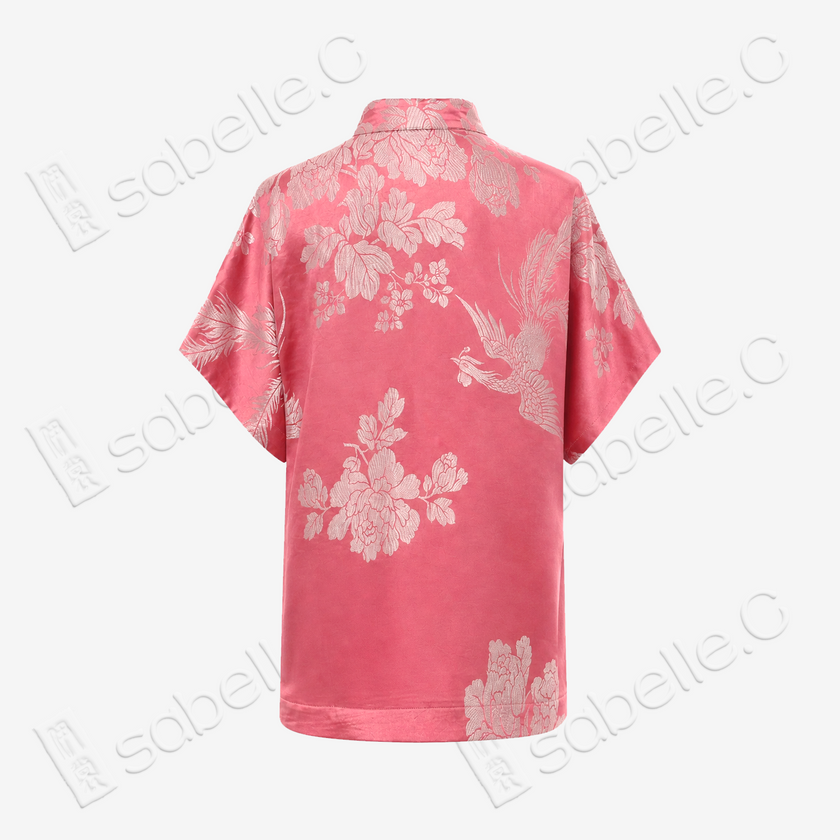 Peach Phoenix Vintage Silk Top - 牡丹古董真絲老緞上衣