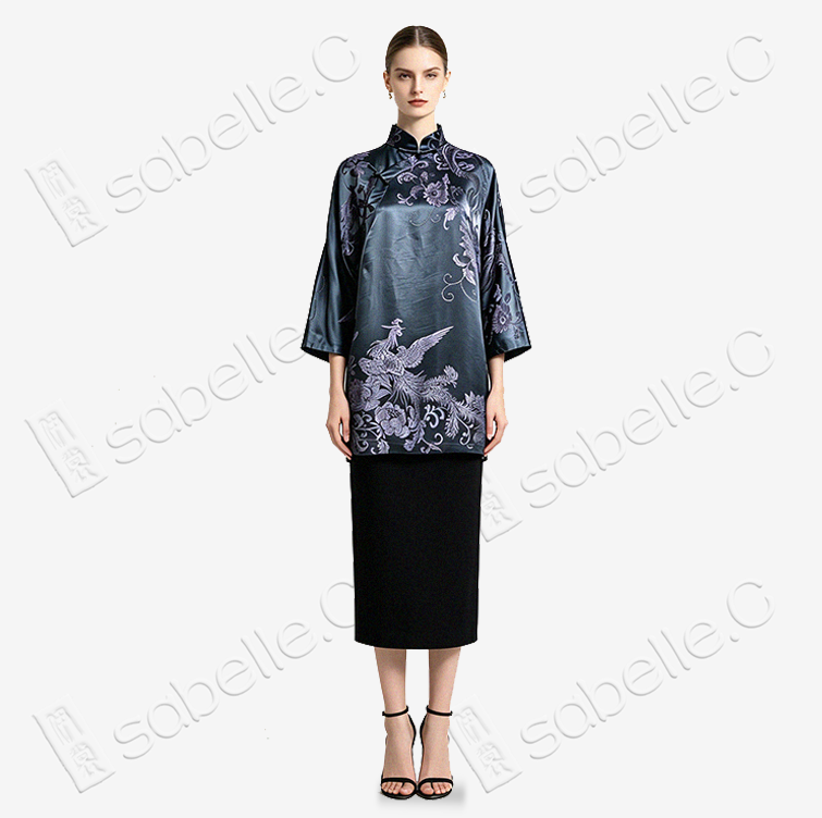 Violet Dragon Phoenix Lotus Vintage Silk Tunic -「龍鳳蓮華」 真絲老緞中長款上衣
