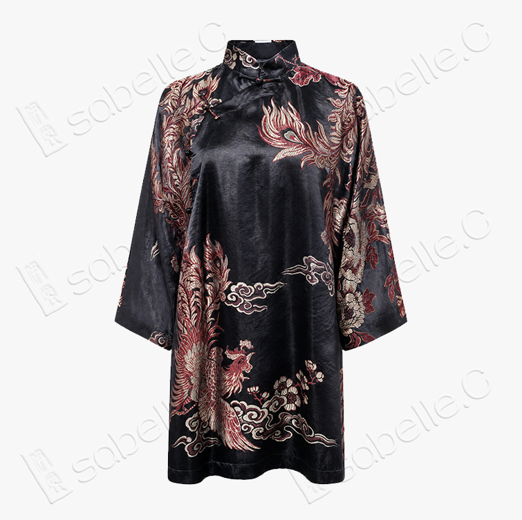 Scarlet Phoenix Magnolia Vintage Silk Tunic -「丹鳳玉棠」 真絲老緞中長款上衣