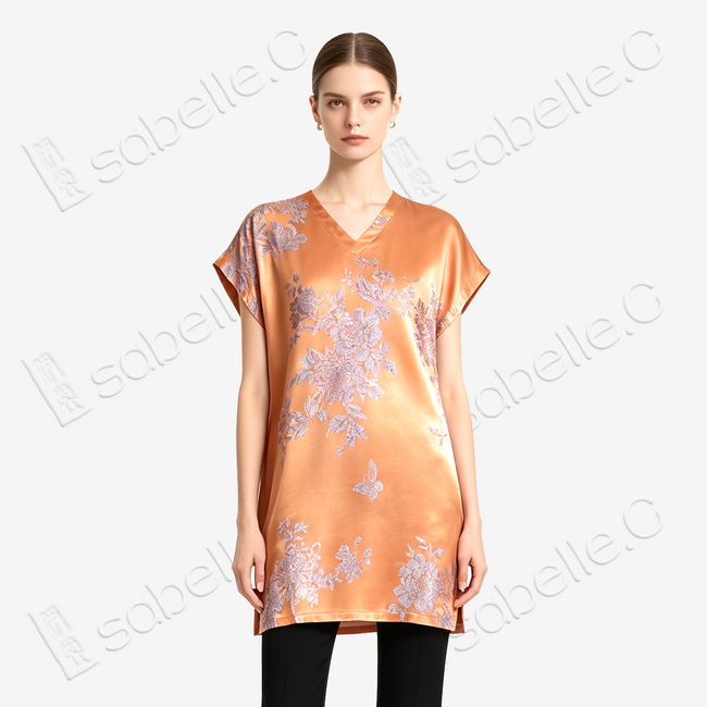 Amber Vintage Silk V-neck Tunic - 「琥珀蝶錦」古董真絲中長款上衣