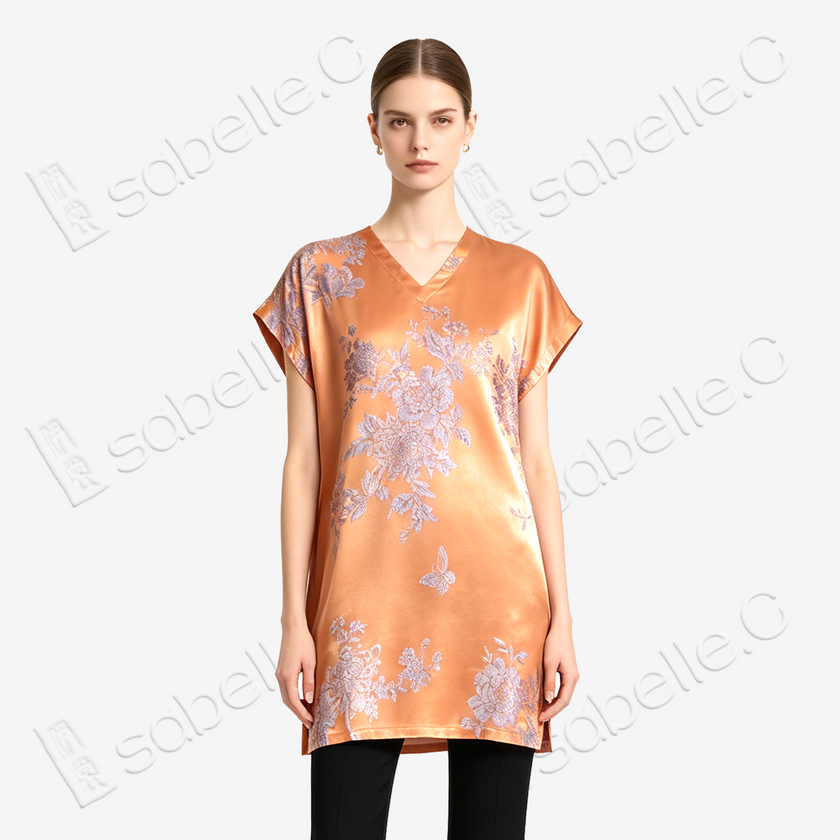 Amber Vintage Silk V-neck Tunic - 「琥珀蝶錦」古董真絲中長款上衣
