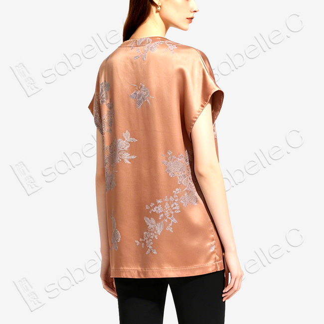 Amber Vintage Silk V-neck Tunic - 「琥珀蝶錦」古董真絲中長款上衣