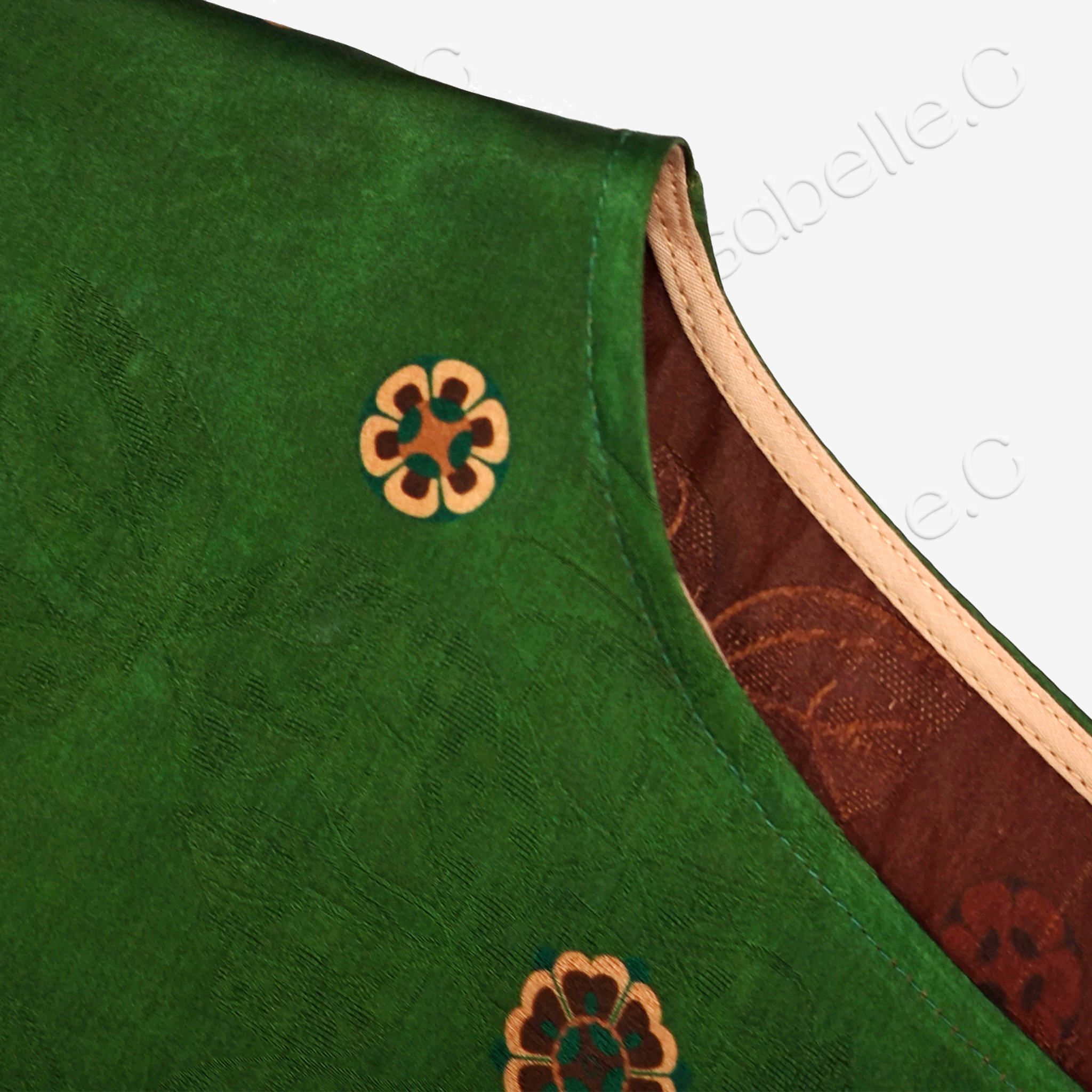 Dark Emerald Floral Medallion Side Tie Gambiered Canton Silk Top - 墨綠團花側綁帶香雲紗上衣