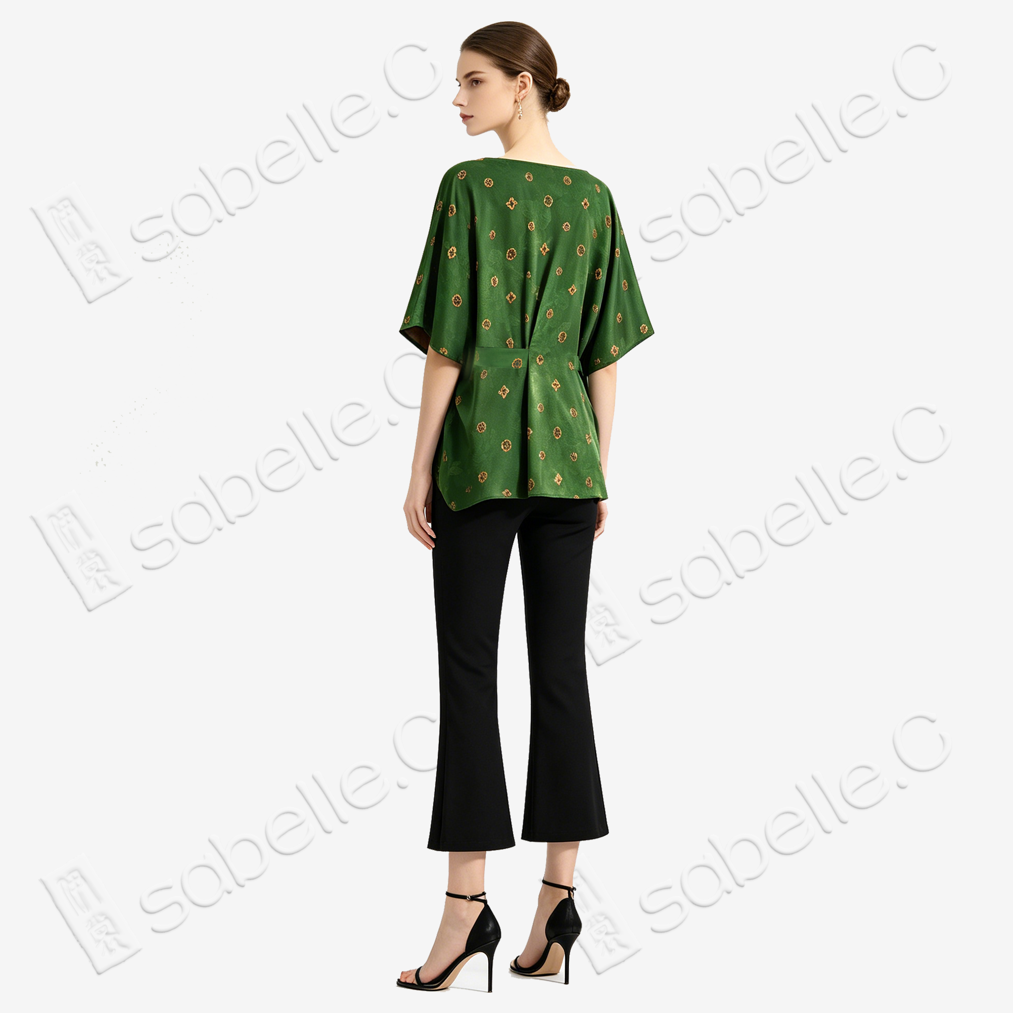 Dark Emerald Floral Medallion Side Tie Gambiered Canton Silk Top - 墨綠團花側綁帶香雲紗上衣