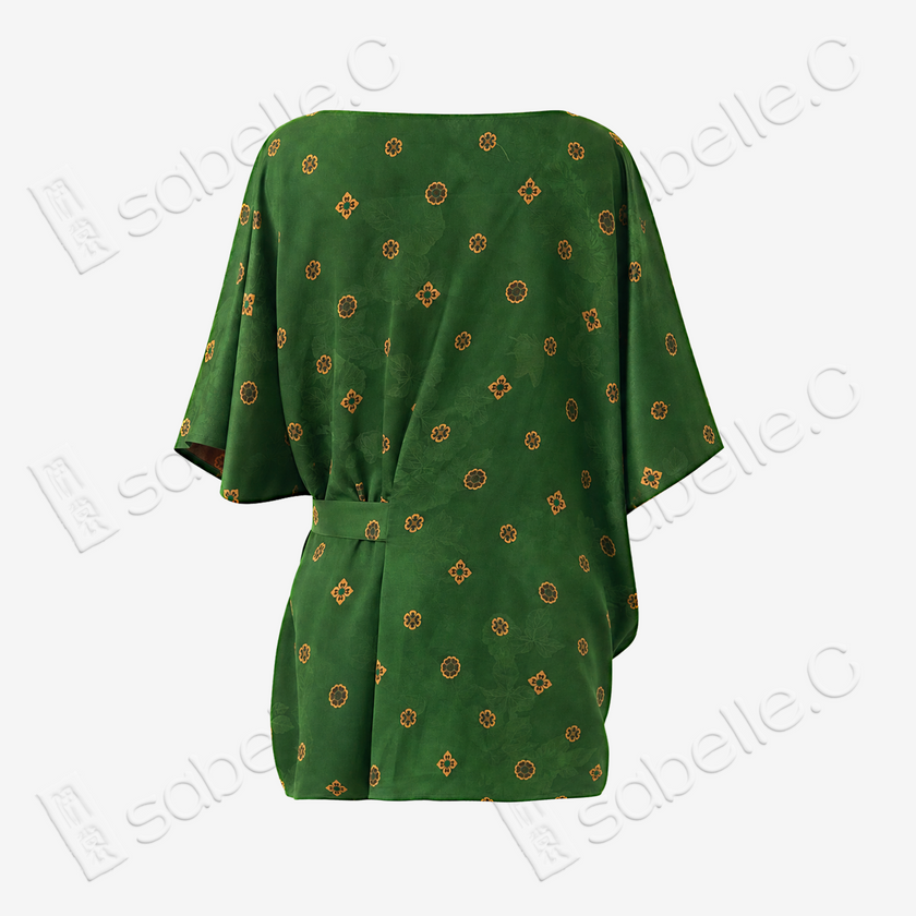 Dark Emerald Floral Medallion Side Tie Gambiered Canton Silk Top - 墨綠團花側綁帶香雲紗上衣