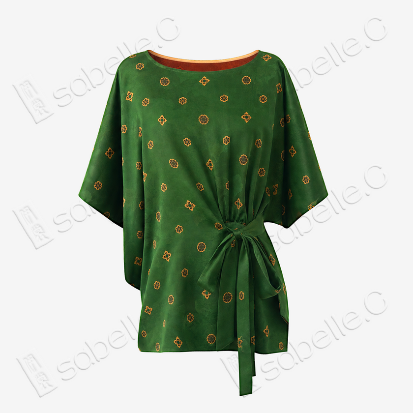 Dark Emerald Floral Medallion Side Tie Gambiered Canton Silk Top - 墨綠團花側綁帶香雲紗上衣