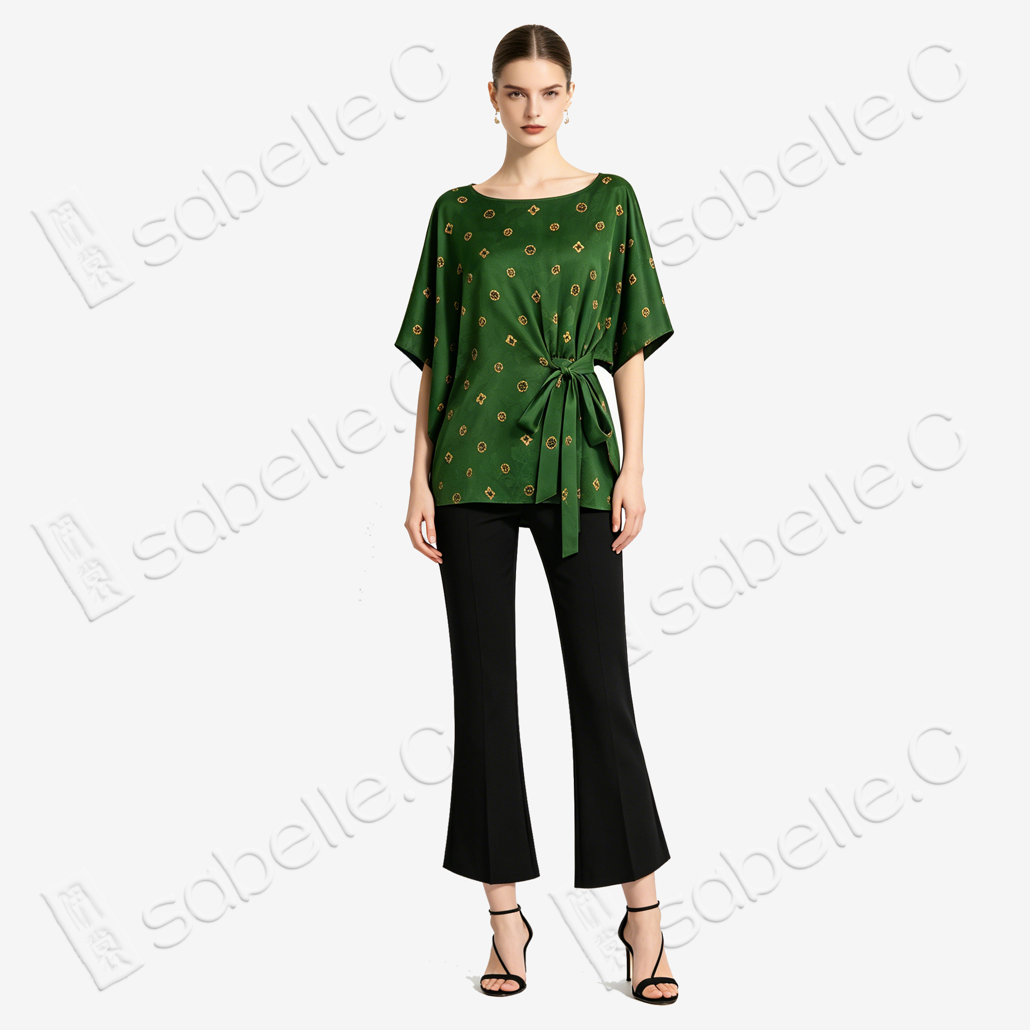 Dark Emerald Floral Medallion Side Tie Gambiered Canton Silk Top - 墨綠團花側綁帶香雲紗上衣