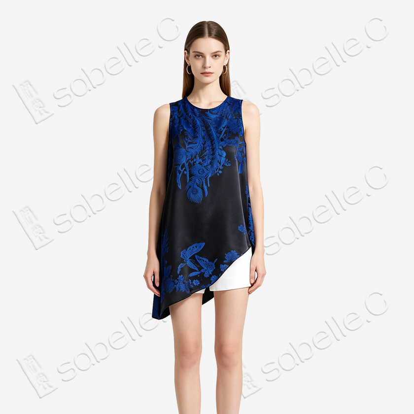 Peacock Butterfly Asymmetrical Silk Tunic - 古董真絲老緞背心上衣