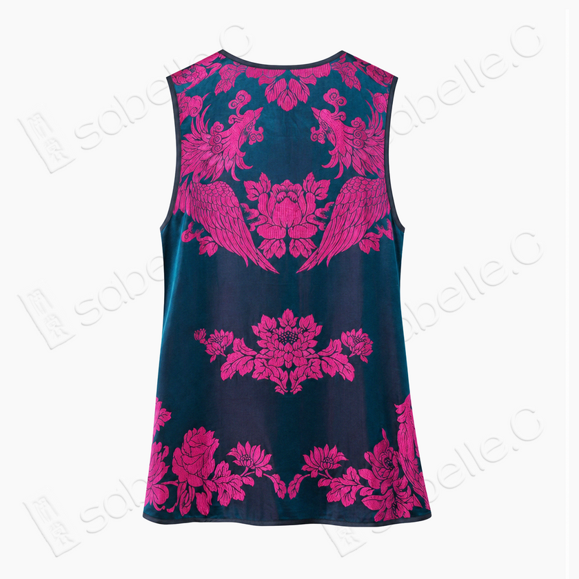 Phoenix Peony Vintage Silk Sleeveless Tunic - 古董真絲老緞無袖上衣