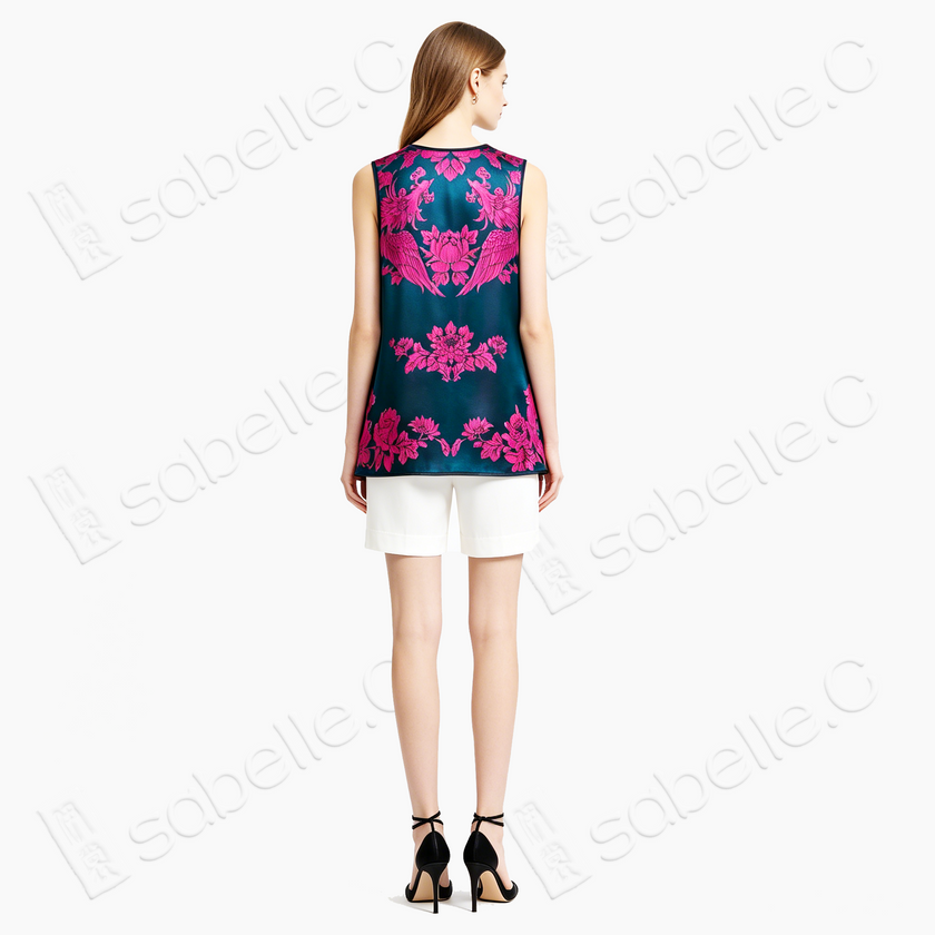 Phoenix Peony Vintage Silk Sleeveless Tunic - 古董真絲老緞無袖上衣