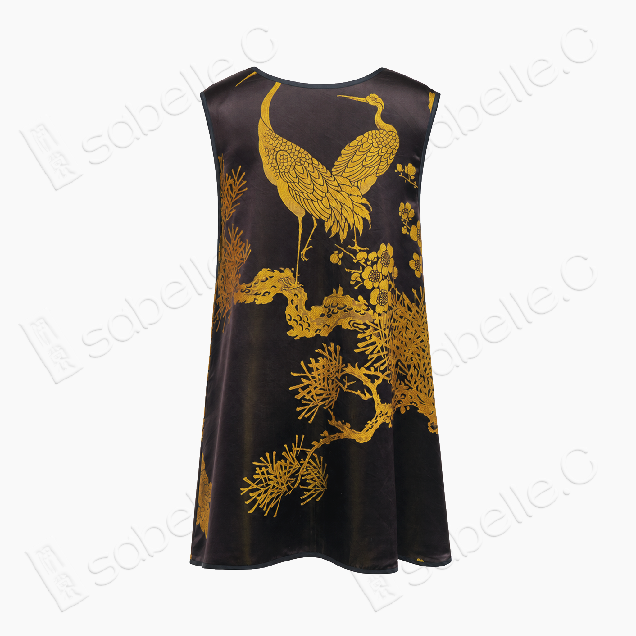 Golden Crane Pine Vintage Silk Satin Sleeveless Tunic - 古董真絲老緞無袖上衣