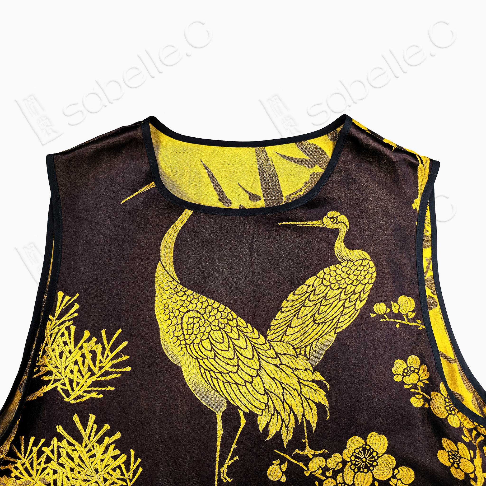 Golden Crane Pine Vintage Silk Satin Sleeveless Tunic - 古董真絲老緞無袖上衣