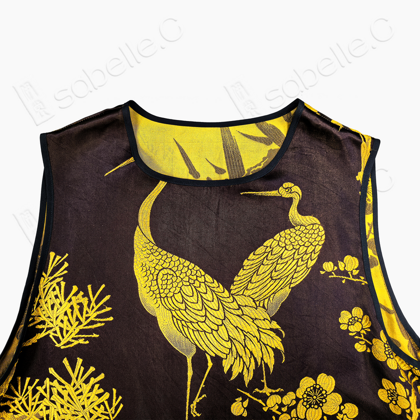 Golden Crane Pine Vintage Silk Satin Sleeveless Tunic - 古董真絲老緞無袖上衣