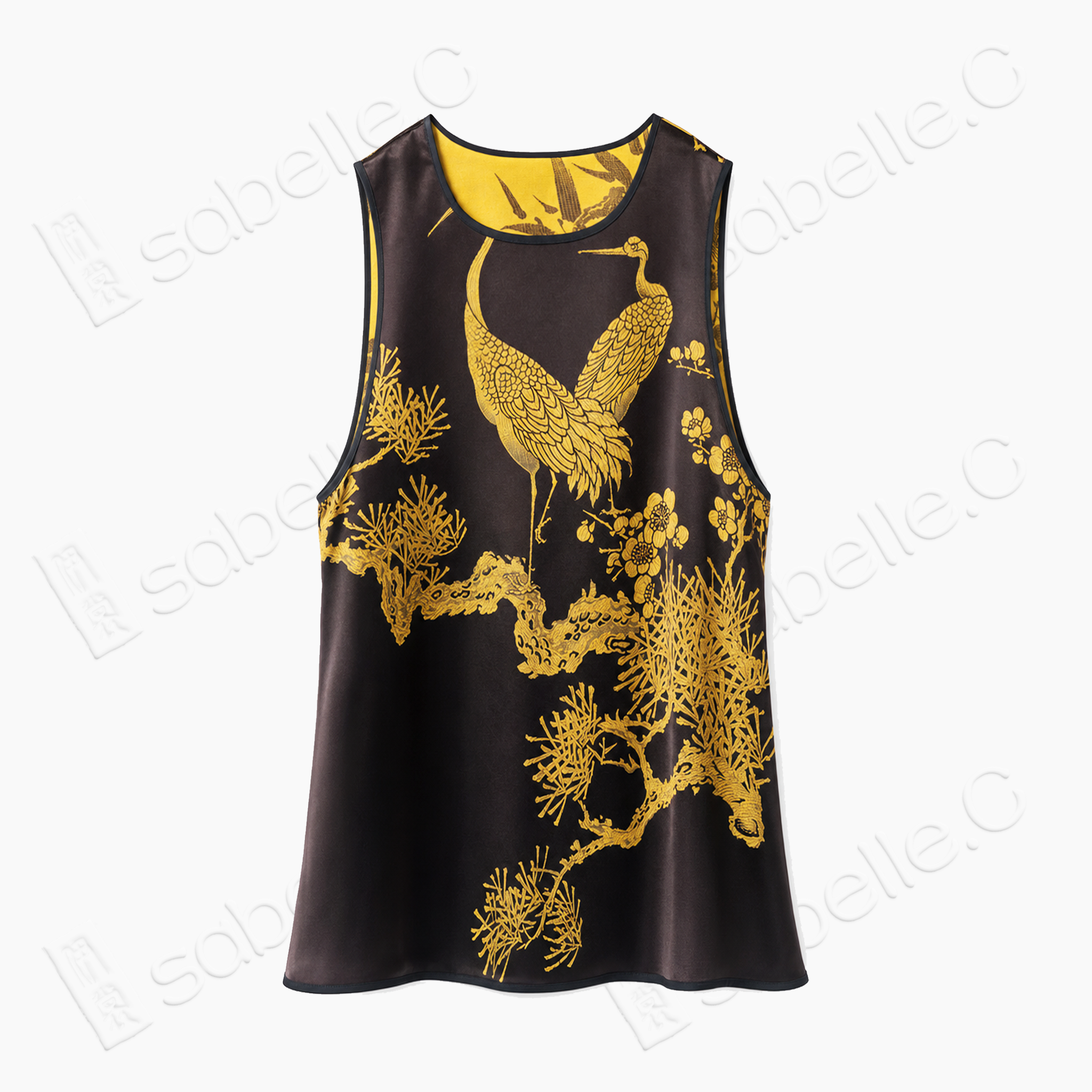 Golden Crane Pine Vintage Silk Satin Sleeveless Tunic - 古董真絲老緞無袖上衣