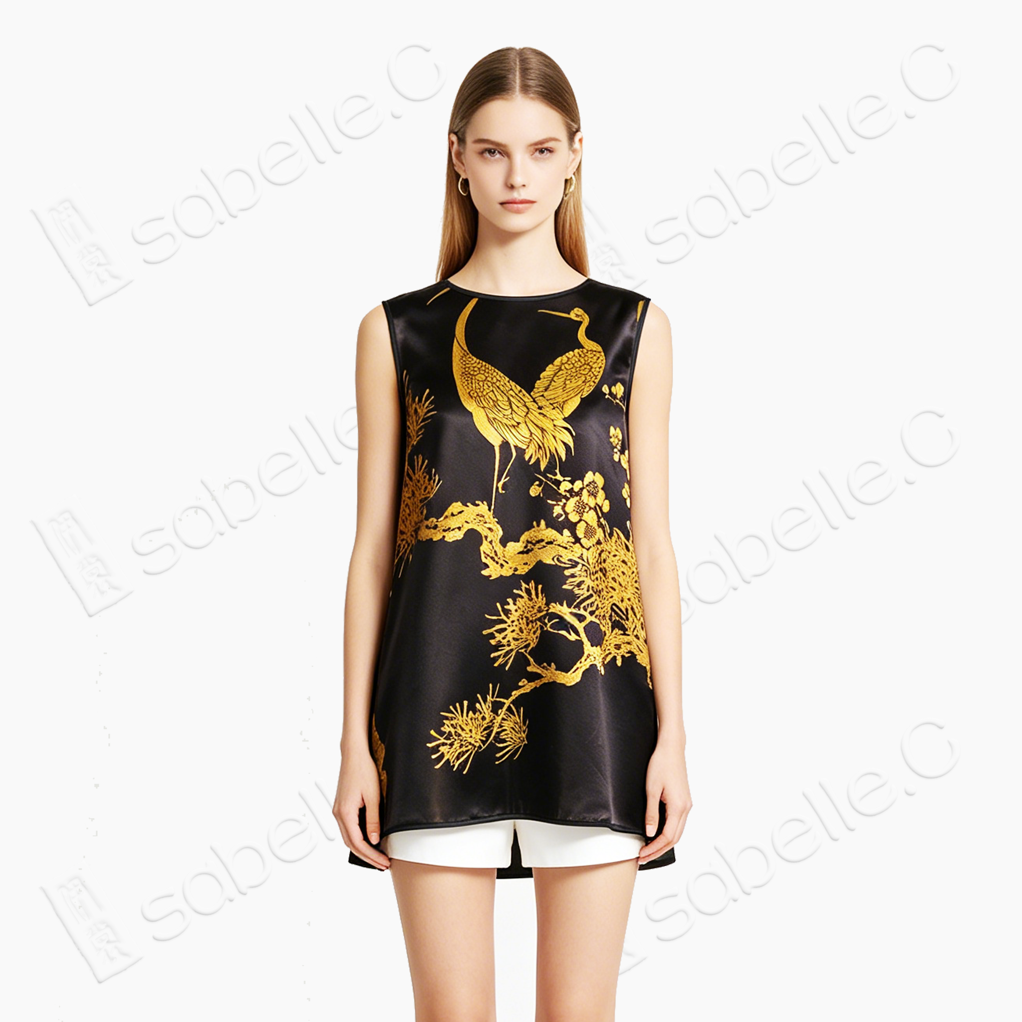 Golden Crane Pine Vintage Silk Satin Sleeveless Tunic - 古董真絲老緞無袖上衣