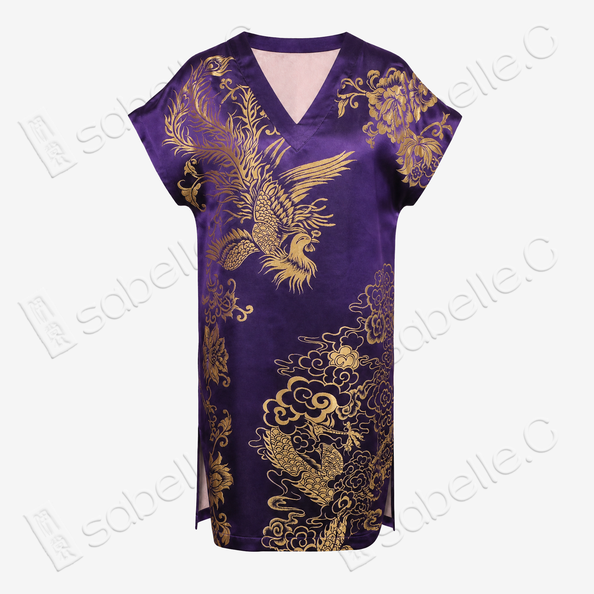 Violet Vintage Silk V-neck Tunic - 「絳紫金禧」龍鳳呈祥古董真絲中長款上衣